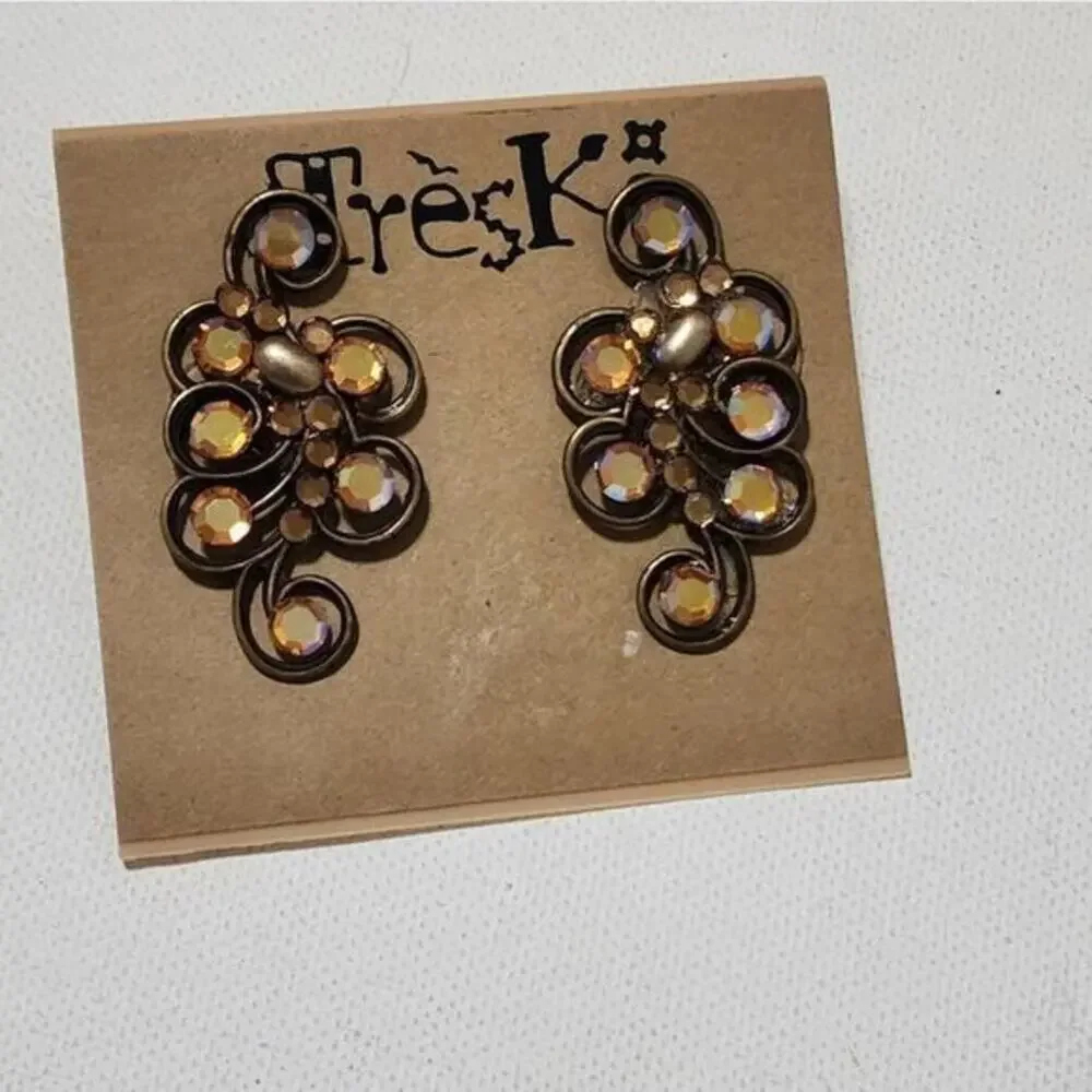 Treska Antique Brass Aurora Borealis Crystal Scroll Post Earrings‎ Iridescent